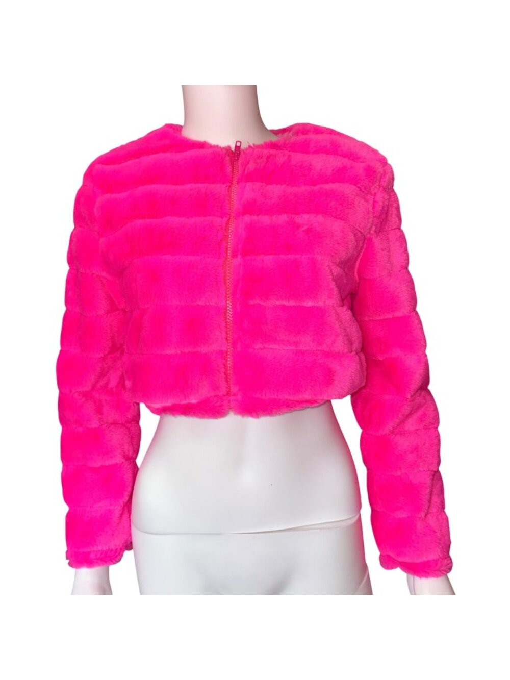 EillyBazar Womens Faux Fur Pink Cropped Jacket XS Soft Plush Polyester Lining